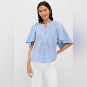 NWT Pomander Place Tuckernuck Chambray Finley Flutter Sleeve Top, Light Blue XS